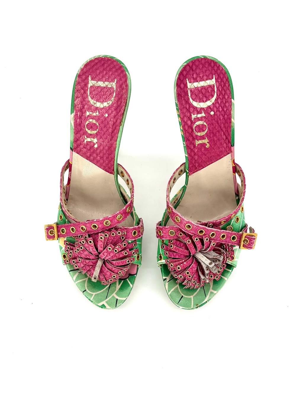 Dior John Galliano Vintage Koi Green Floral Print Platform Mules 35.5 - Picture 8 of 10